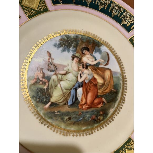 2 VINTAGE CZECH PORCELAIN GOLD GILT Plates Celebrate 3 Muses Handles - Picture 2 of 4
